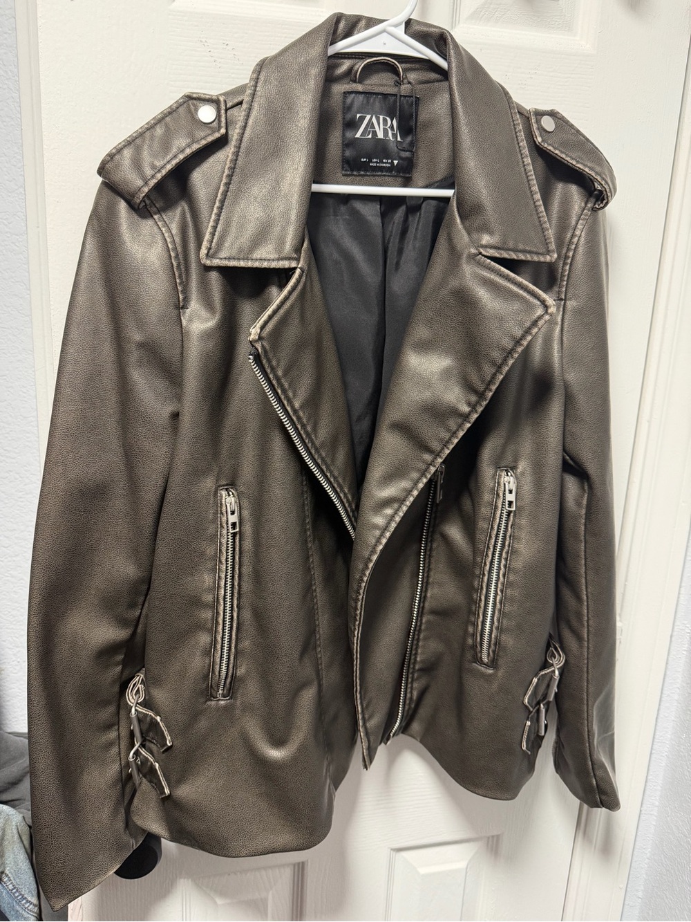 ZARA Metallic Olive Green Faux Leather Moto Jacket